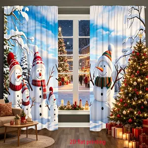 2-Piece 2D Flat Print Christmas Snowman & Snowscape Curtains Semi-Opaque Polyester Fabric for Home Use in Bedrooms and Living Rooms, Festive Mood Curtains