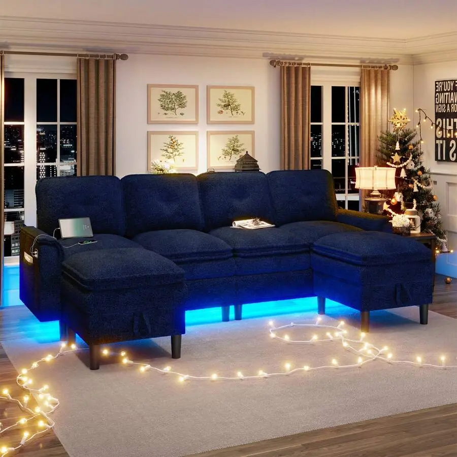Modular Sectional Couches - With Charging Station Living Room, Modern Small Couch With Storage Ottoman,4-Seat U/L Shaped Sofa With LED Lights Apartment,Office (Blue)