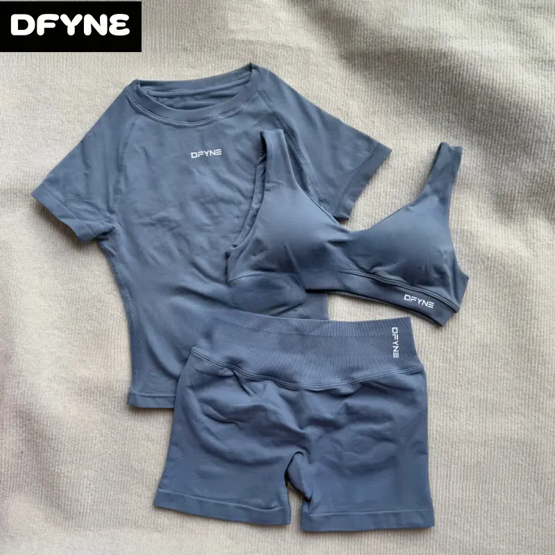 Dfyne Dynamic Seamless 3-Piece Matching Workout Set Women Short Sleeve Tee Sports Bra Ruched Scrunch Shorts Gym Performance Activewear Pack Fitness Sportswear