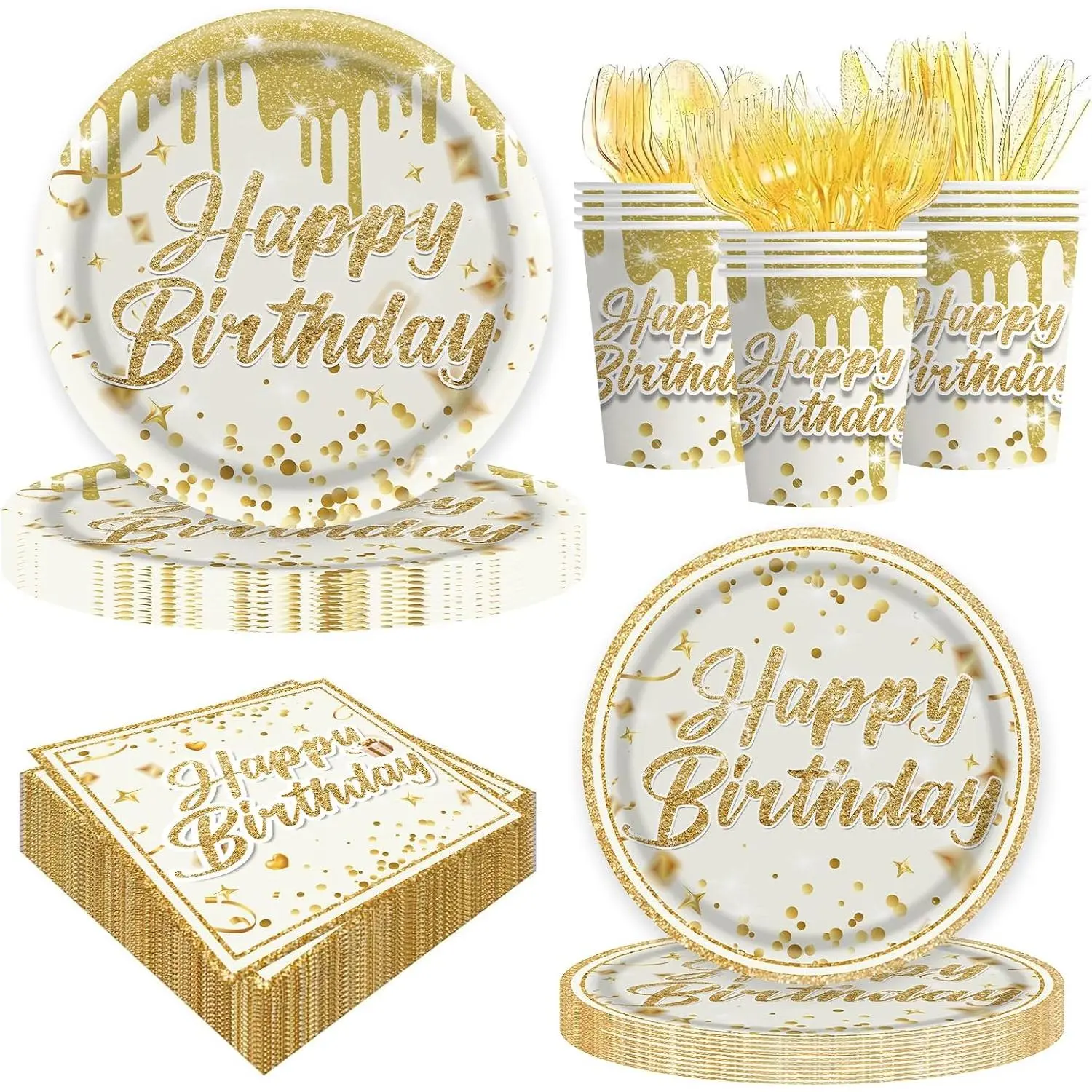 140Pcs Golden Birthday Theme Party Supplies Set, Disposable Gold Paper Plates, Napkins, Forks, Knives, Spoons & Gold Glitter Dessert Tableware for 20 Guests (Home & Festive Party Decor)