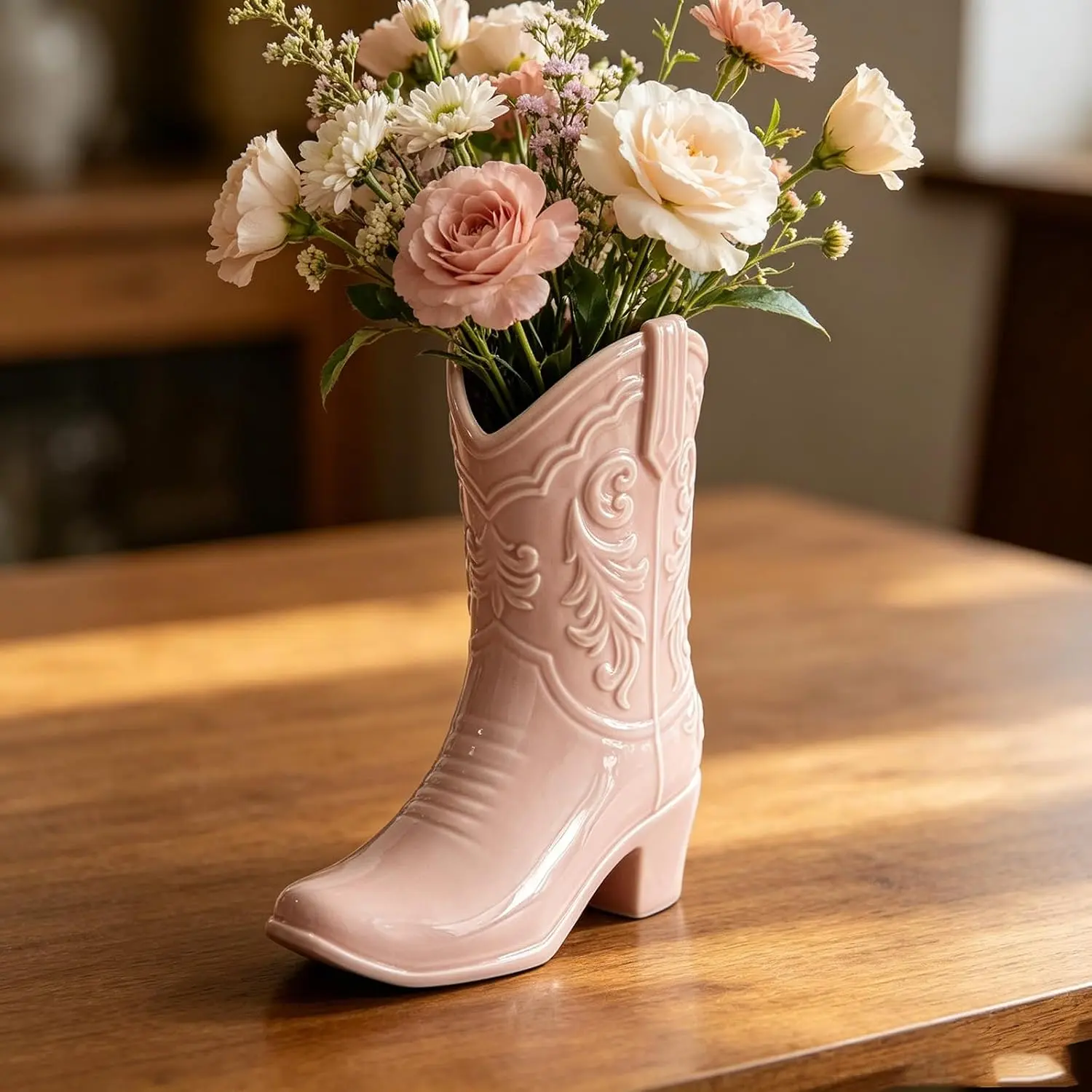 9.13 Inch Pink Ceramic Cowgirl Boot Vase, Unique Western Style Cowboy Boot Vase for Modern Country Home Decor, Wedding Table Centerpiece, Living Room, Bedroom, Office, Gift for Women