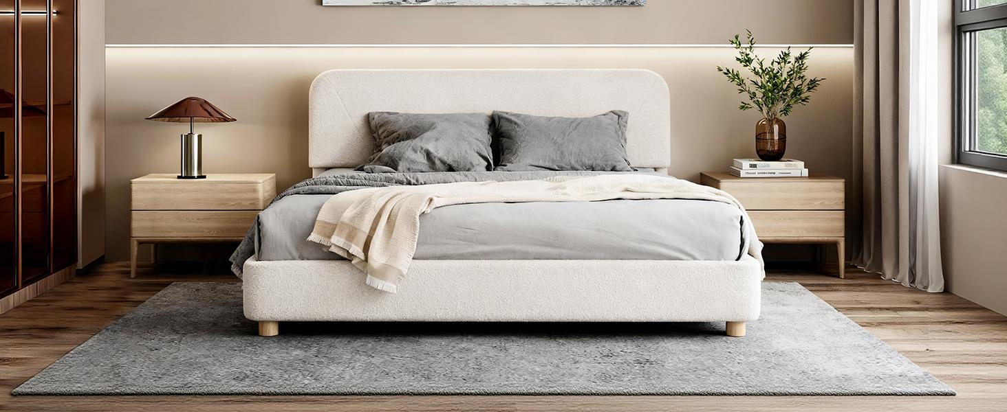 Queen Size Cloud Bed Frame, Soft Boucle Bed Frame with Adjustable Headboard, Solid Wood Legs, Rounded Corners Design & Easy Assembly – Modern Platform Bed,Cream