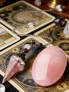 2pcs Vintage Bronze Natural Rose Quartz Chip Resin Pendulum Pendant Palm Stone Combo Set, Pink Crystal Soapstone and Vintage Bronze Resin Pendulum, Unique Polished Pocket Crystal Spiritual Jewelry, Luck Transformation Spell Accessories & Birthday Gifts