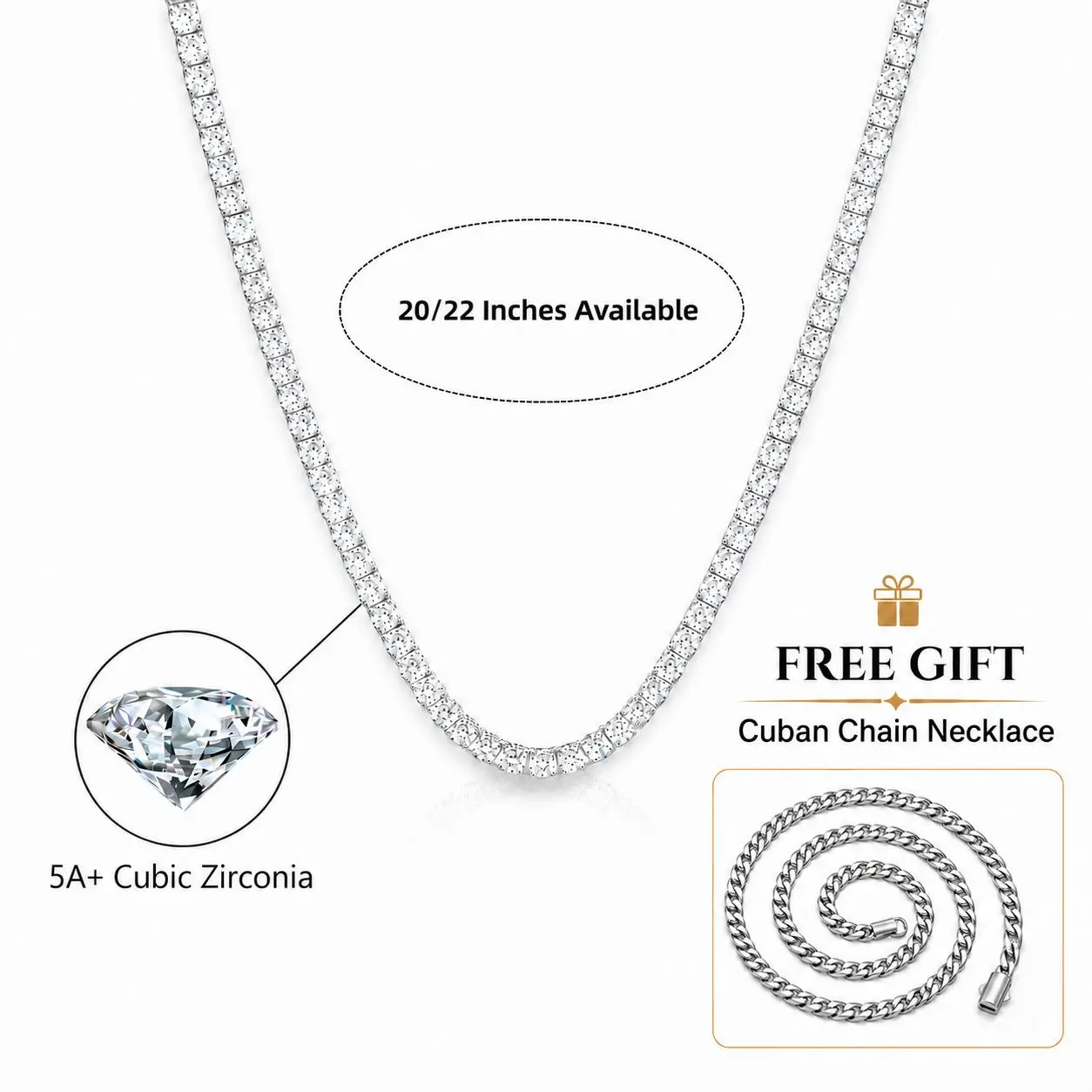 Classic Silver Tennis Necklace with Bonus  cuban necklace, 3mm Cubic Zirconia for Everyday Wear, Unisex Fit with Secure Box Clasp for Adults, Daily, Enhanced Clasp, Upgraded Box Clasp