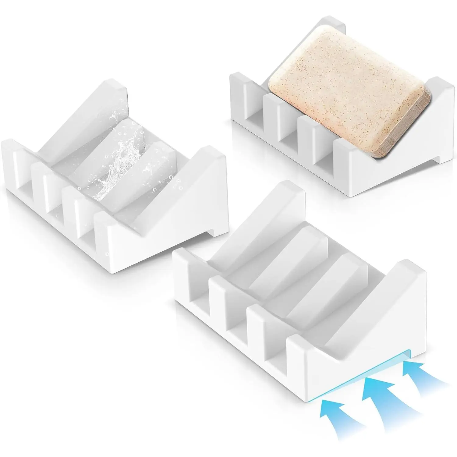 Silicone 3PCS Extended Soap Dishes with Drainage - Self Draining Shower Soap Bar Holder Keep Soap Dry Clean