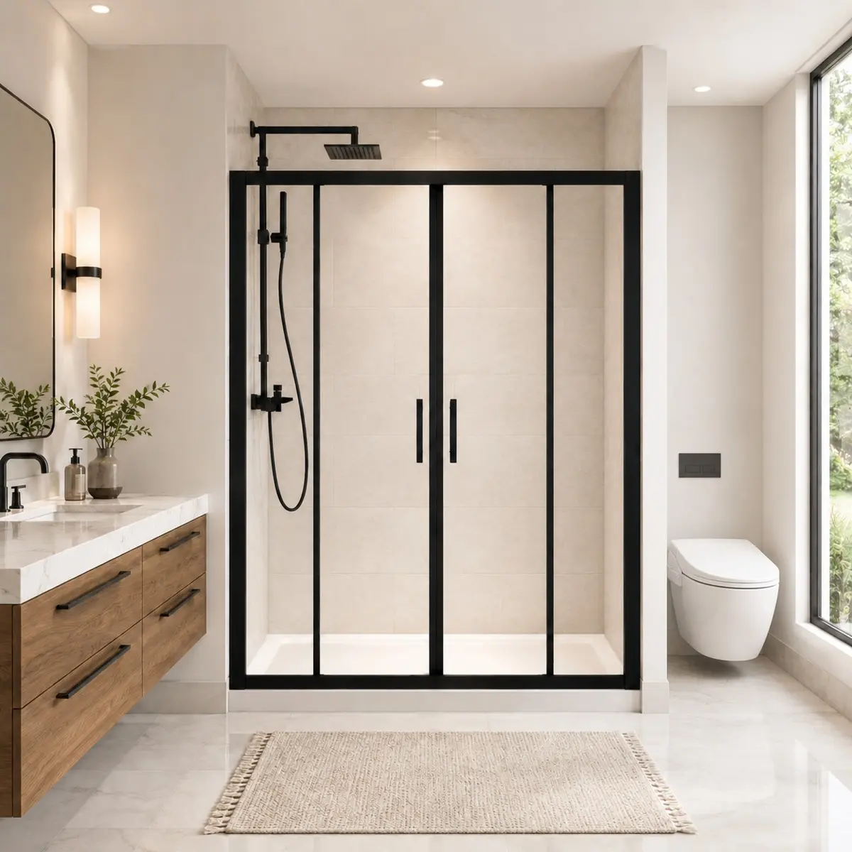 60" W x 72" H Framed Sliding Shower EnclosureTempered Safety Glass, Matte Black Finish, Heavy-Duty Aluminum Frame, Smooth Gliding Rollers, Rust-Proof Hardware, Easy to Install & Clean
