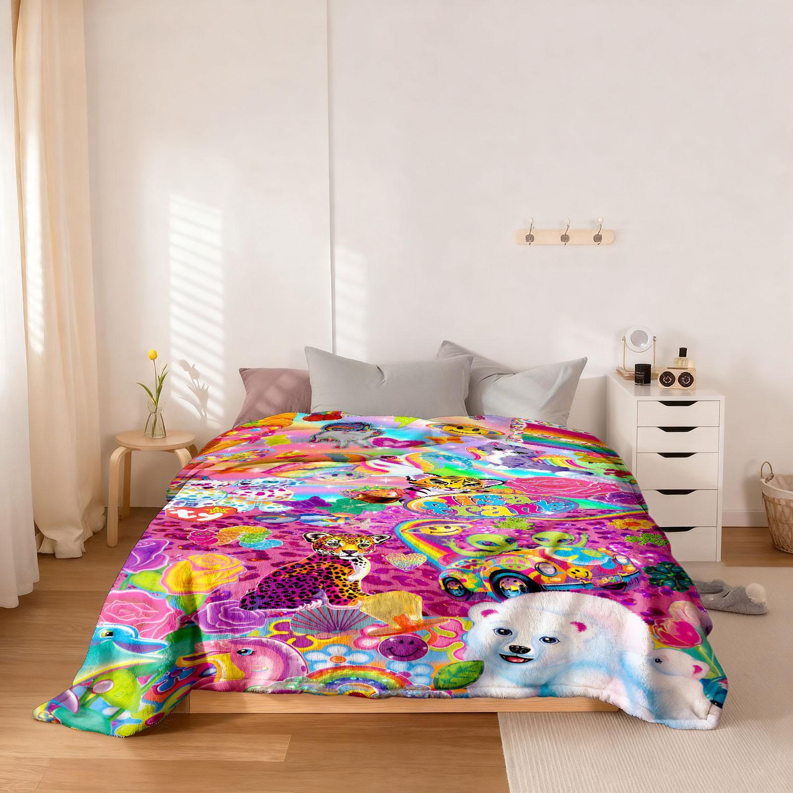 Lisa Frank Collage Themed Blanket, Vibrant & Playful Style, Features Colorful Characters, Soft and Warm, Perfect for Home Relaxation, Flannel Blankets