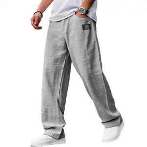 Linen Blend Wide Leg Casual Pants, Men’s Elastic Drawstring Waist Loose Trousers with Label for Summer Outings & Coffee Runs