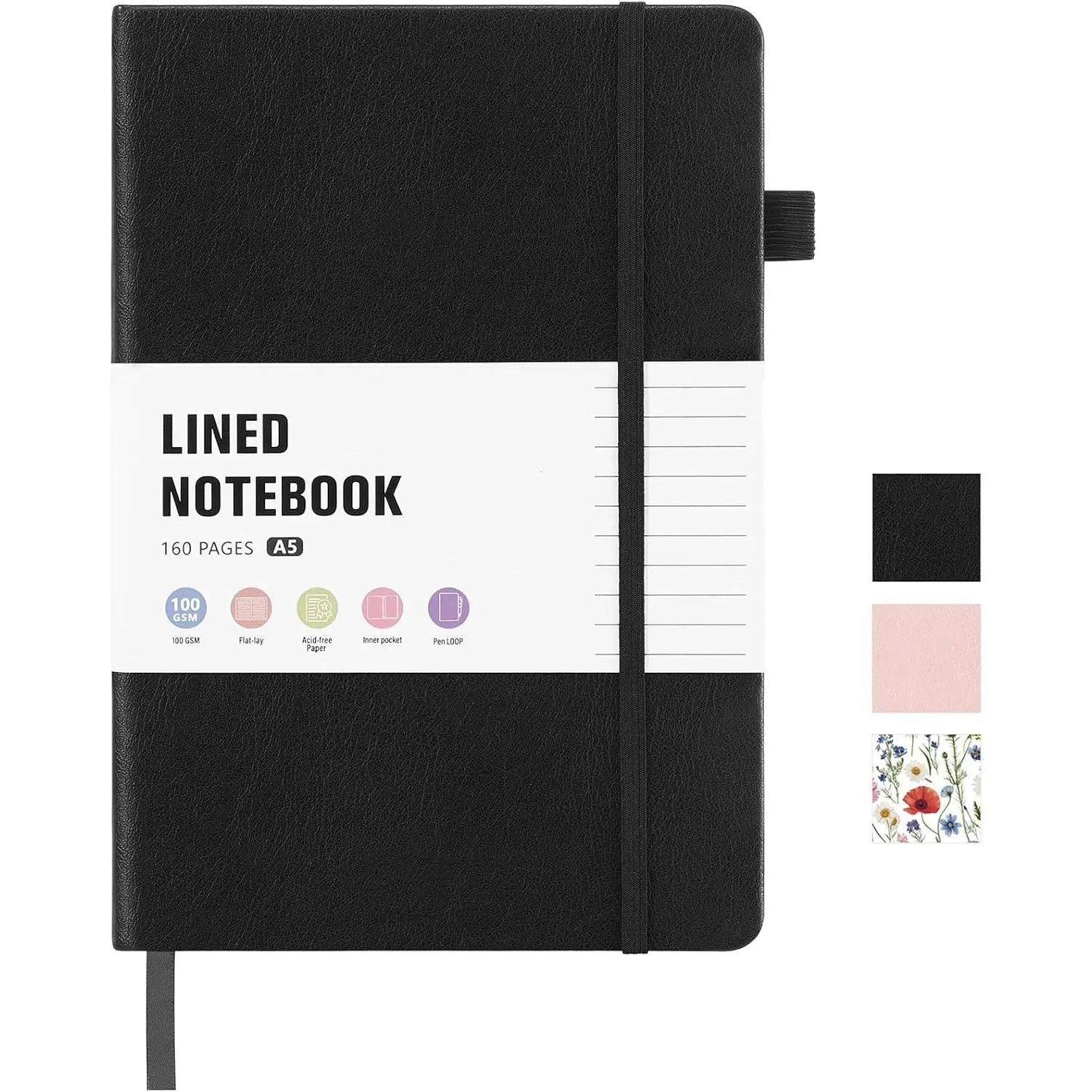80 Sheets Lined Journal Notebook, Hardcover Notepad for Work, Black