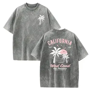 Washed Cotton California Graphic  –  Soft Vintage Surf Beach  with Palm Trees & Retro Print, Loose Fit Summer Casual Shirt for Men Women, Unisex Machine Washable