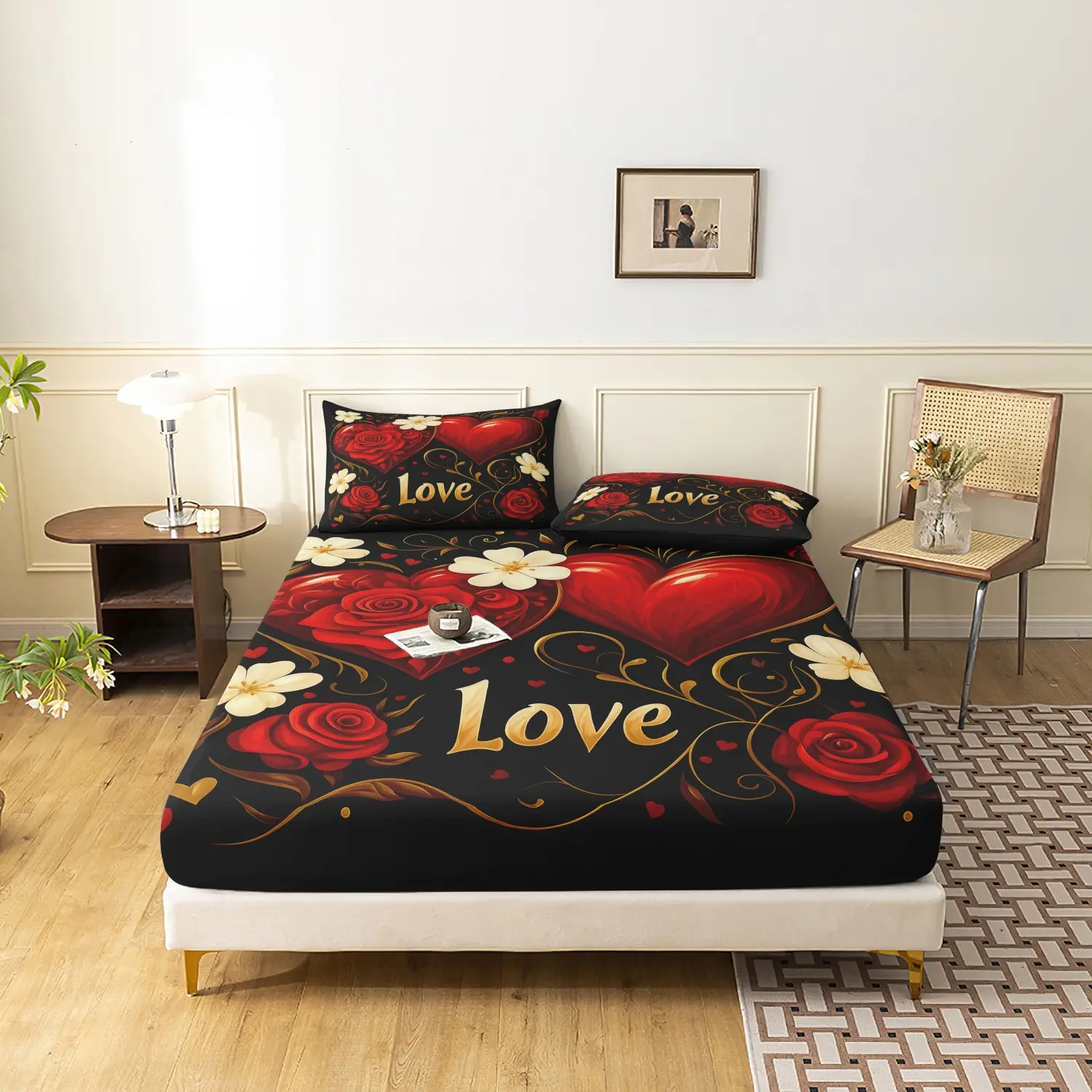 Romantic Red Heart Rose LOVE Fitted Sheet Set, Decorative Bedsheet Sets, Golden Vine White Floral Printed Bedding, Soft Microfiber Couple Style Bedding For Bedroom Home Decoration, Multiple Sizes Available (1 Fitted Sheet + 2 Pillowcases)