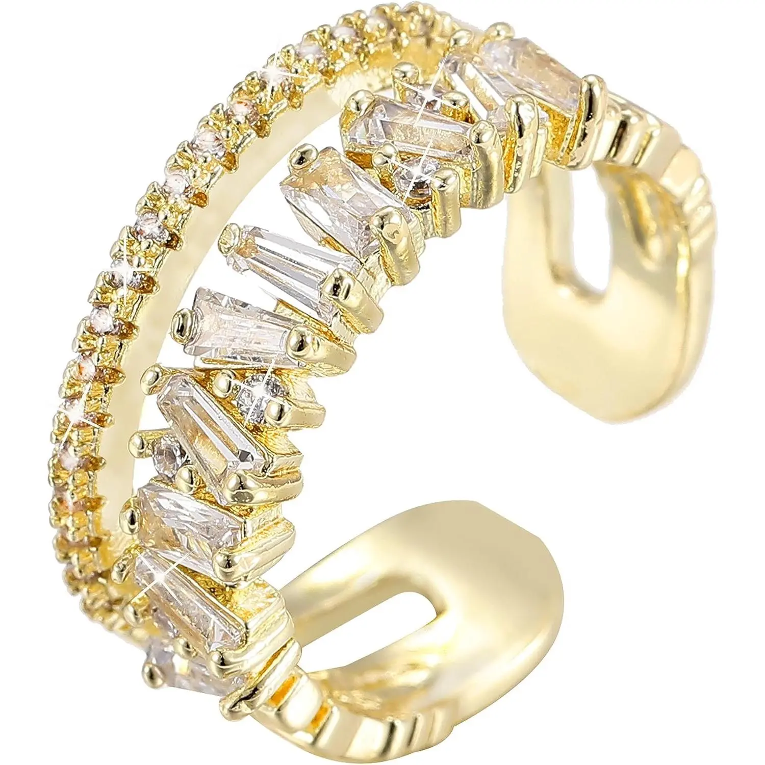 Adjustable 18k Gold Plated CZ Leaf Open Ring Dainty Double Cubic Zirconia Olive Branch Leaves Band Stacking Finger Rings Minimalist Cute Statement Ring Jewelry for Women Teen Girls
