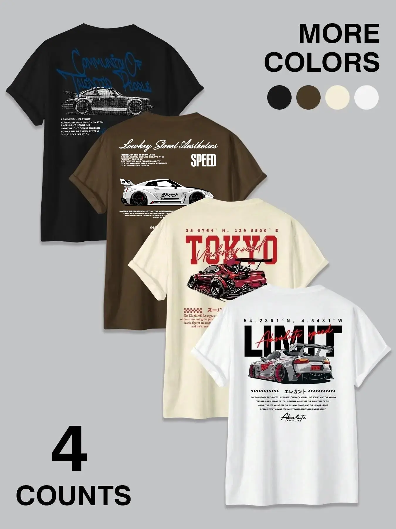 Streetwear Hip-Hop Style Car Print Short Sleeve Relaxed Fit T-Shirt, Japanese Racing Culture Loose Fit Multicolor Top, Casual Summer Menswear Apparel