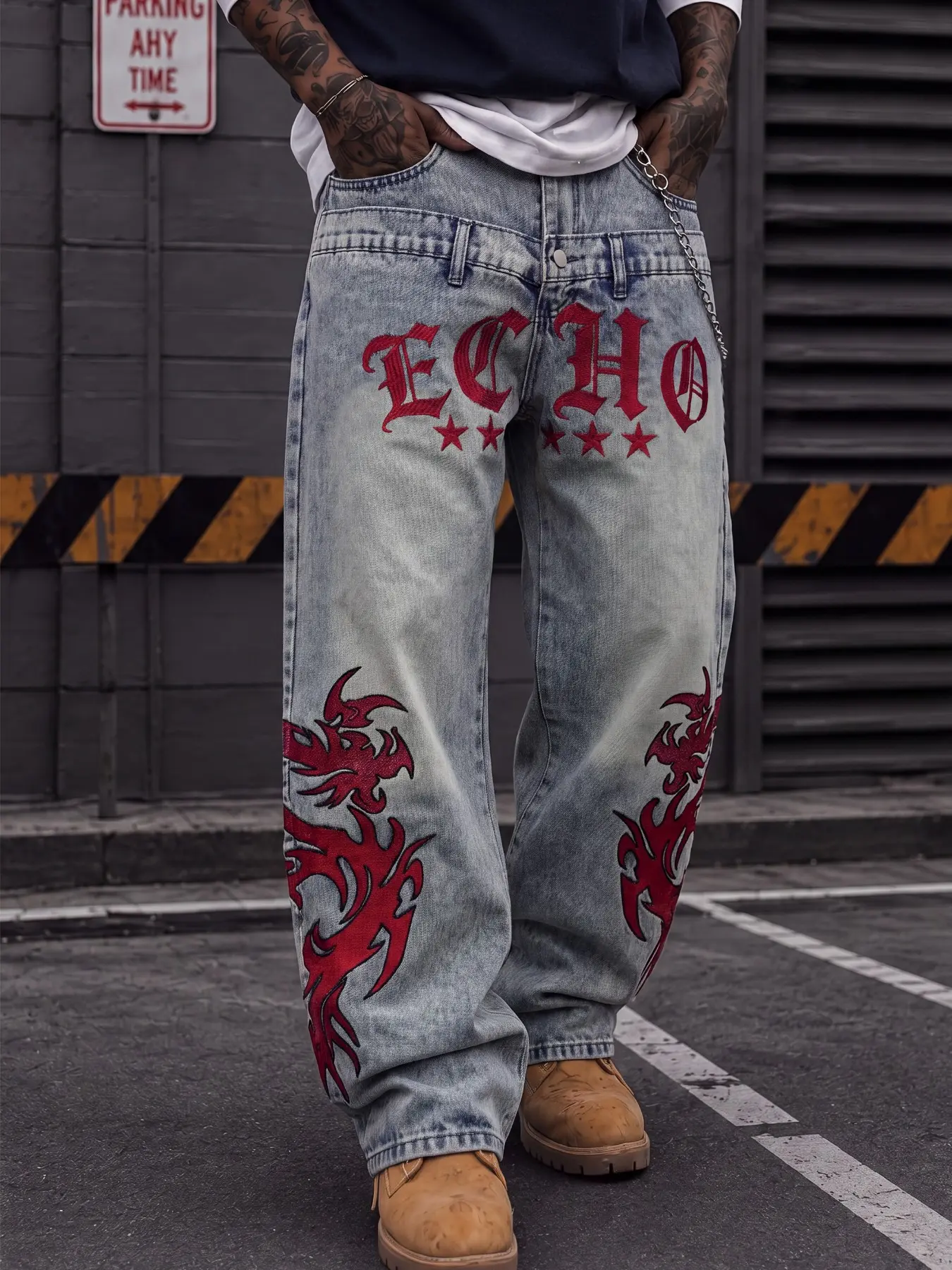 Men’s Washed Vintage Loose Wide-Leg Jeans, Letter and Star Embroidery, Heavy Dual-Side Flame Totem and Dragon Embroidery, Y2K 90s Retro Punk Gothic Hip-Hop Skate Clean Fit Subculture Streetwear Plus Size Men’s Stacked Denim Pants