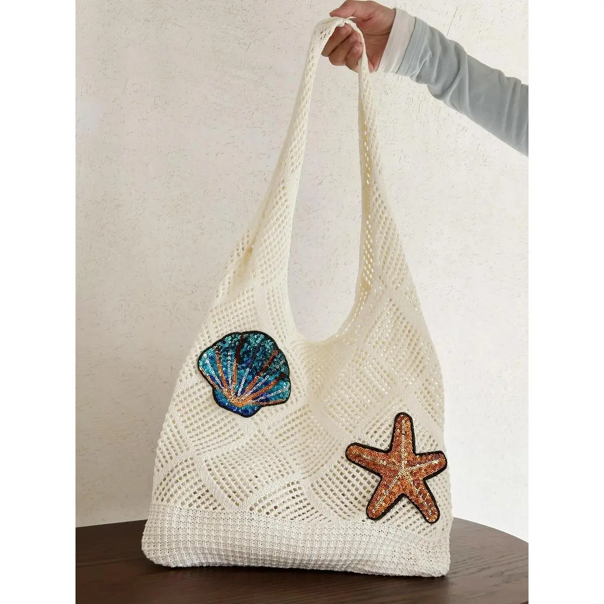 Women's Starfish & Shell Decor Handmade Tote Bag, Casual Large Capacity Shoulder Bag for Beach Vacation, Trendy All-match Bag for Daily Use