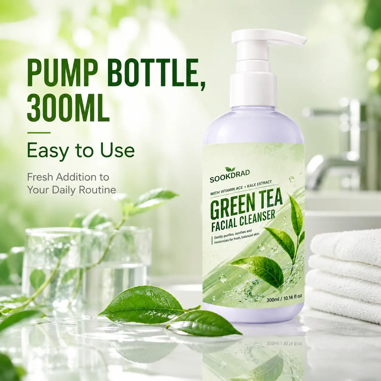 Green Tea Facial Cleanser, With Vitamin ACE, Kale Extract, Gently Purifies, Soothes, Moisturizes, For Face, 10.14 fl oz, Fresh Balanced Skin, Daily Skincare, 300ml