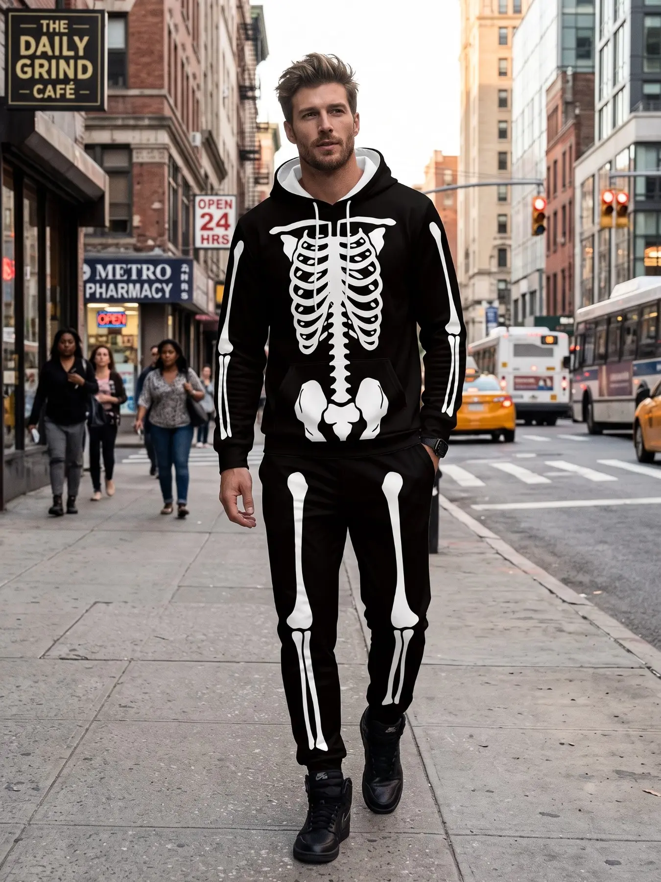 Men's Halloween Skull Print Hoodie and Sweatpants Set, Comfortable Fall Winter Streetwear, Perfect Gift Choice, Casual Long Sleeve