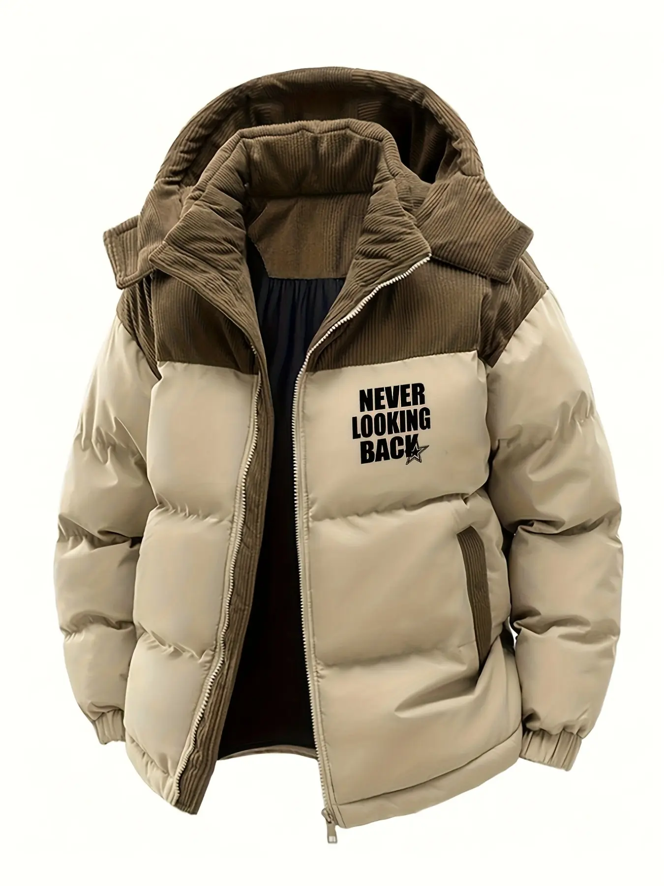 1. PC Men's Fashion Thick Hooded Jacket with Letter Print, Large Size, With Zipper and Pockets, Soft and Comfortable, Warm and Windproof, Suitable for Outdoor Travel and Daily Use in Spring and Autumn