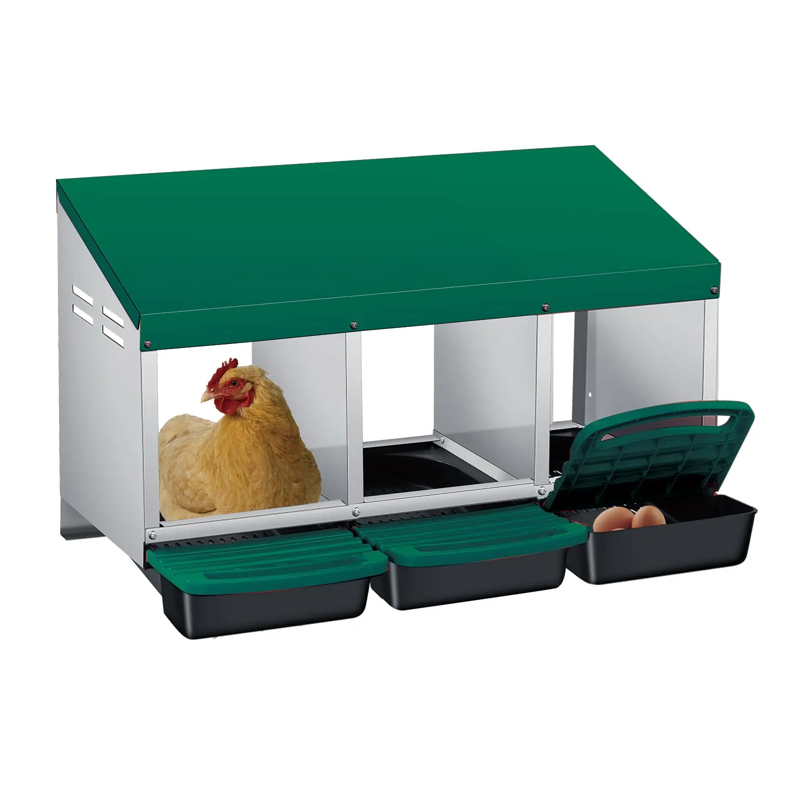 Galvanized Steel 3-Hole Rollaway Chicken Nesting Box for Hens, Sturdy Laying Boxes with Removable Trays for Easy Egg Collection & Cleaning, Egg Protection
