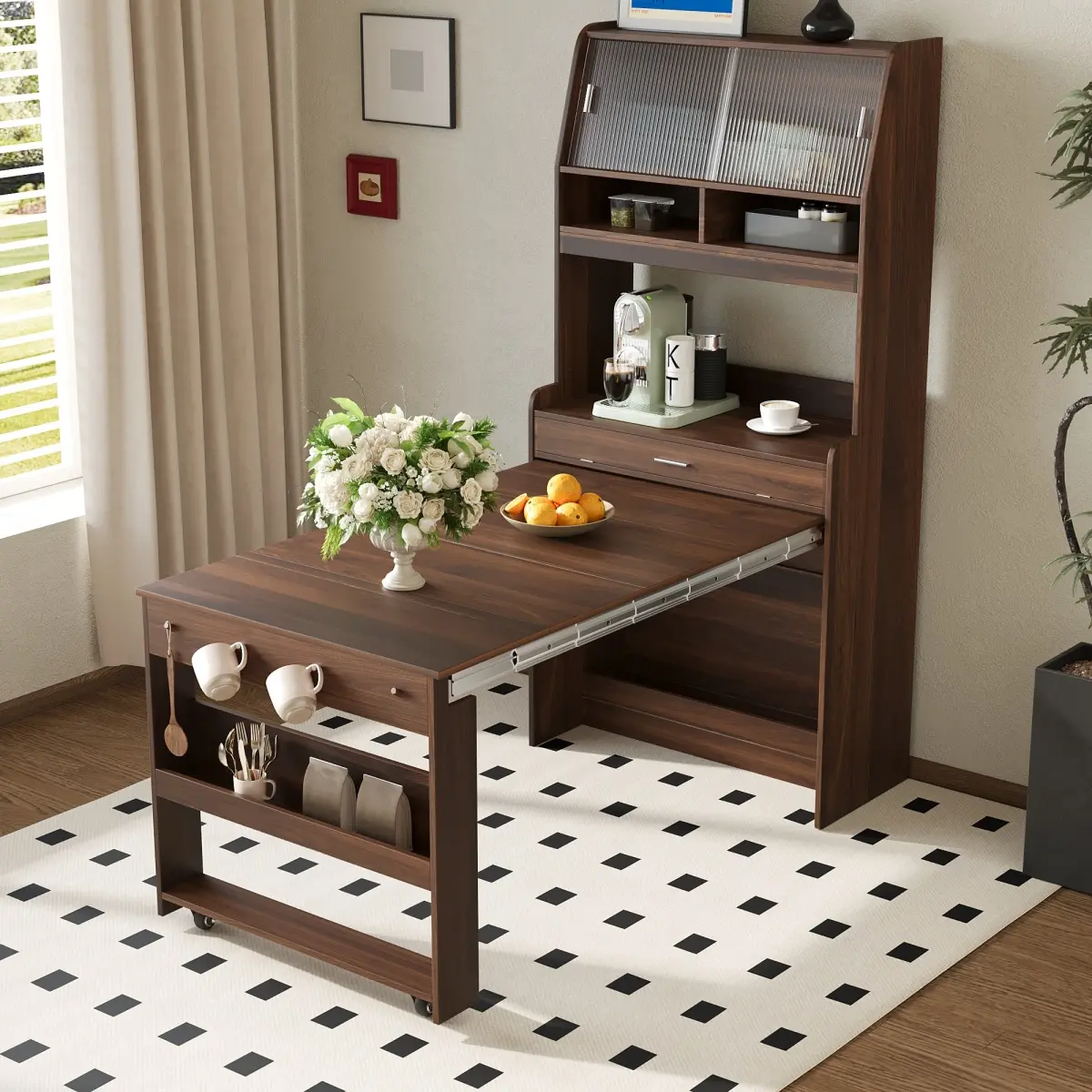 Foldable Dining Table Compact 33.5x15.7x69inch Buffet with Hutch, Multifunctional Cupboard with Storage Shelf and Side Hooks for Small Places,Studio, Apartment, Walnut