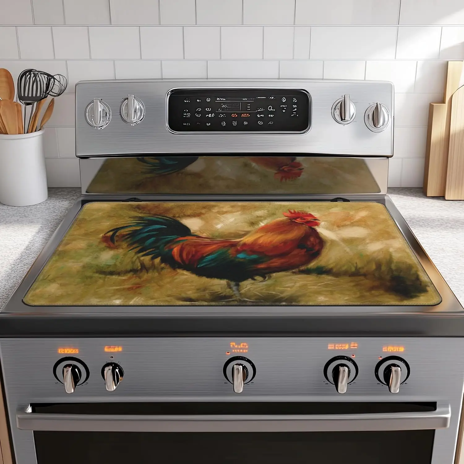 Stove Top Cover for Electric Stove,Retro  Roosters Anti-Slip Heat Resistant Rubber Flat Top Oven Cover Mat, Dish Drying Mat 28.5'' x 20.5''