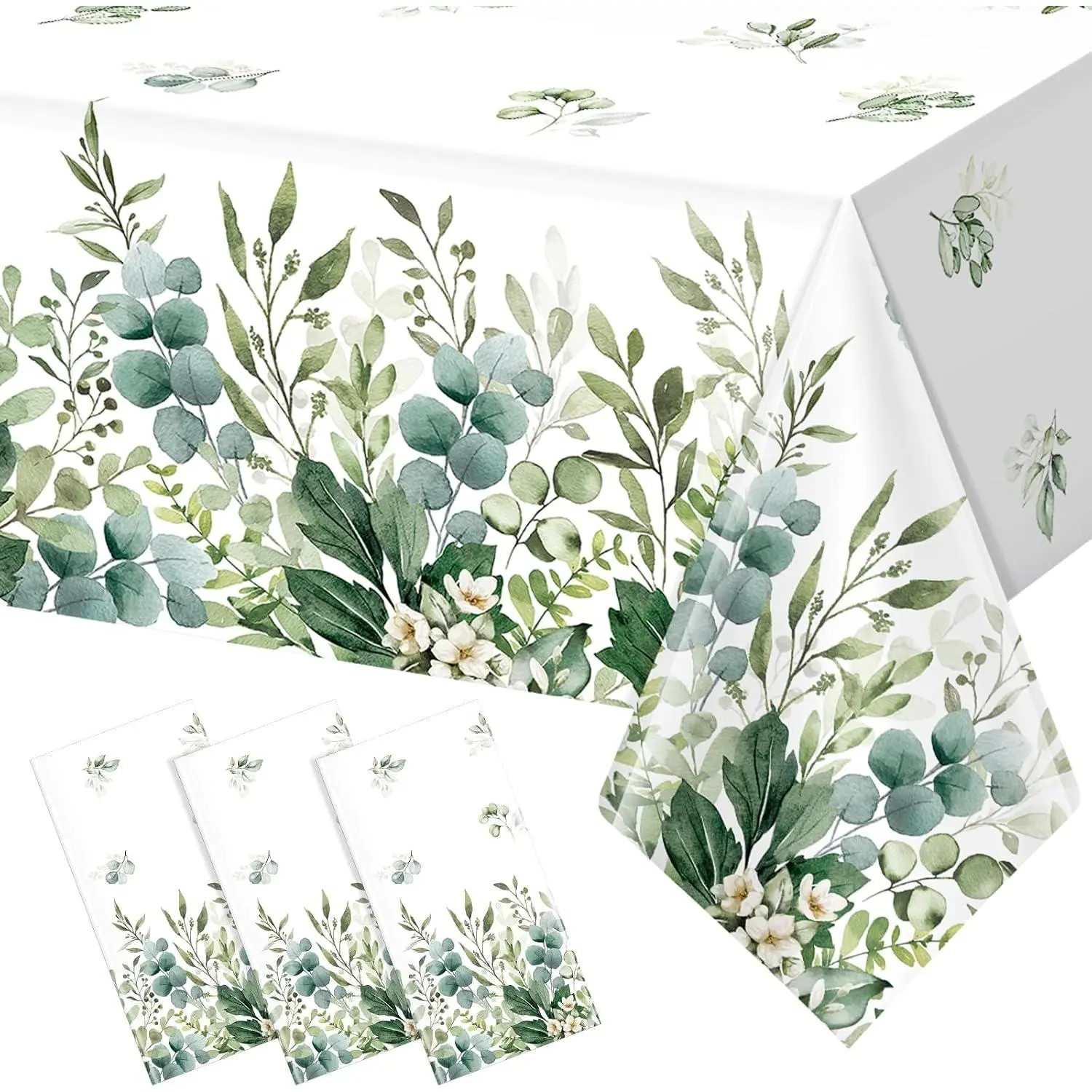 3 Pack Spring Sage Green  Shower Plastic Tablecloth, Eucalyptus Leaf Disposable Table Cover, Summer Rectangle Table Cloth for Bridal  Shower Birthday Wedding Party Decorations, 54x108 Inch
