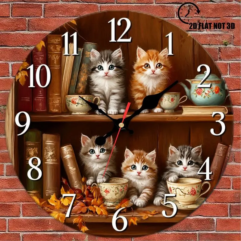 Cute Kitten Bookshelf Wall Clock 2D Vintage Teacup Cat Cozy Cottage Style Rustic Farmhouse Silent Non-Ticking Clock Perfect for Reading Nook Home Library Cafe Cat Lovers Housewarming Gift