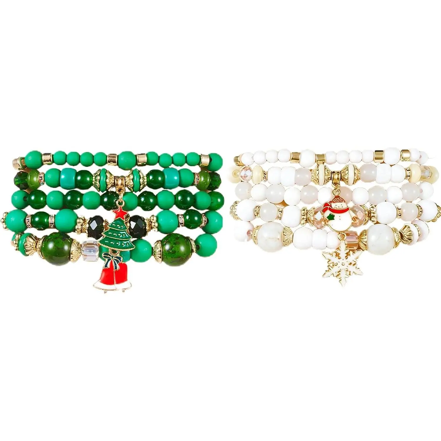 Christmas Bracelets for Women 2 Pack Set Red Green White Beaded Stretch Bracelet with Christmas tree Santa Claus Snowflake snowman Holiday Party  Gifts Stocking Stuffers