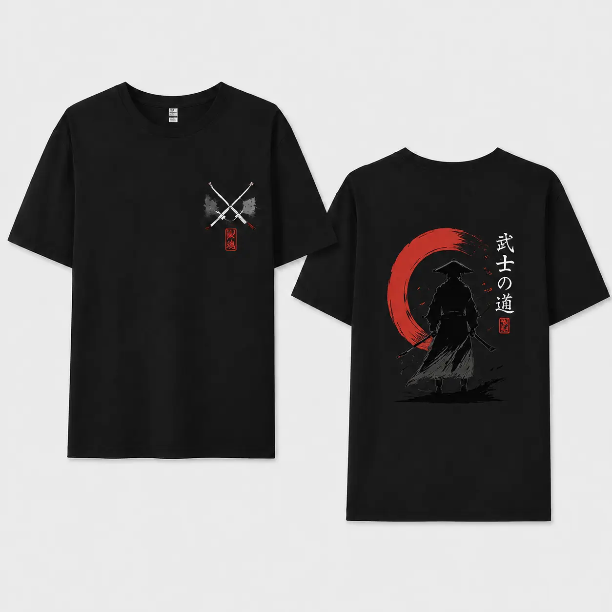 Unisex Japanese Samurai Bushido Red Enso Circle Double Sided Print T-Shirt, Vintage Ronin Katana Sword Oriental Aesthetic Streetwear Graphic Tee casual top slogan