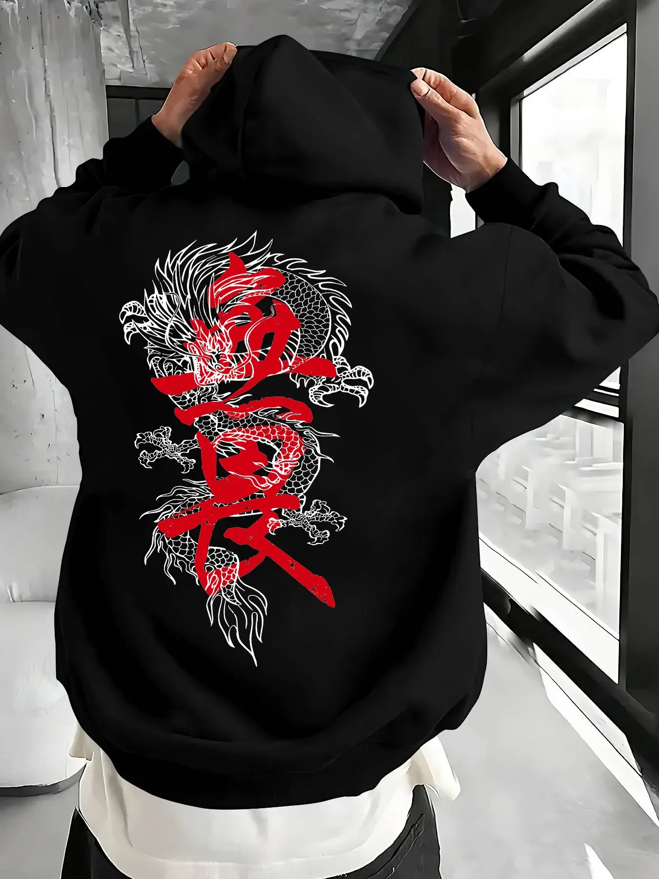 Men Drawstring Pullover Hoodie, Traditional Chinese Dragon Art & Fearless Kanji Calligraphy Graphic Print, Oriental Vintage Loose Long Sleeve Hooded Top For Male Daily Street Urban Travel Casual Trendy Outfits