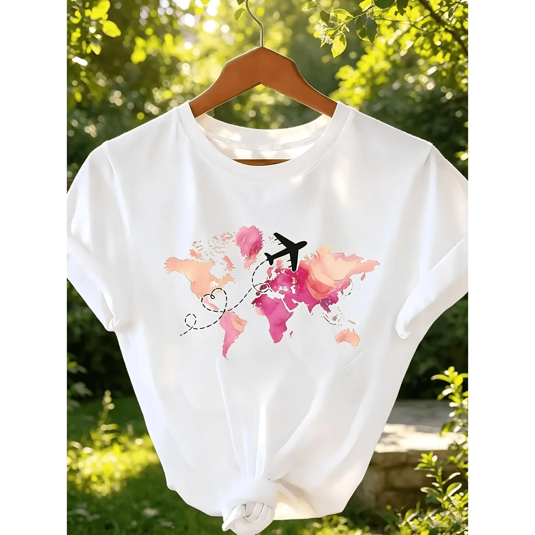 Men's/Women's Travel-Themed Sports Top - Watercolor Airplane, World Map, Geometric Pattern Print, Soft Polyester, Standard Cut Casual Sports Clothes