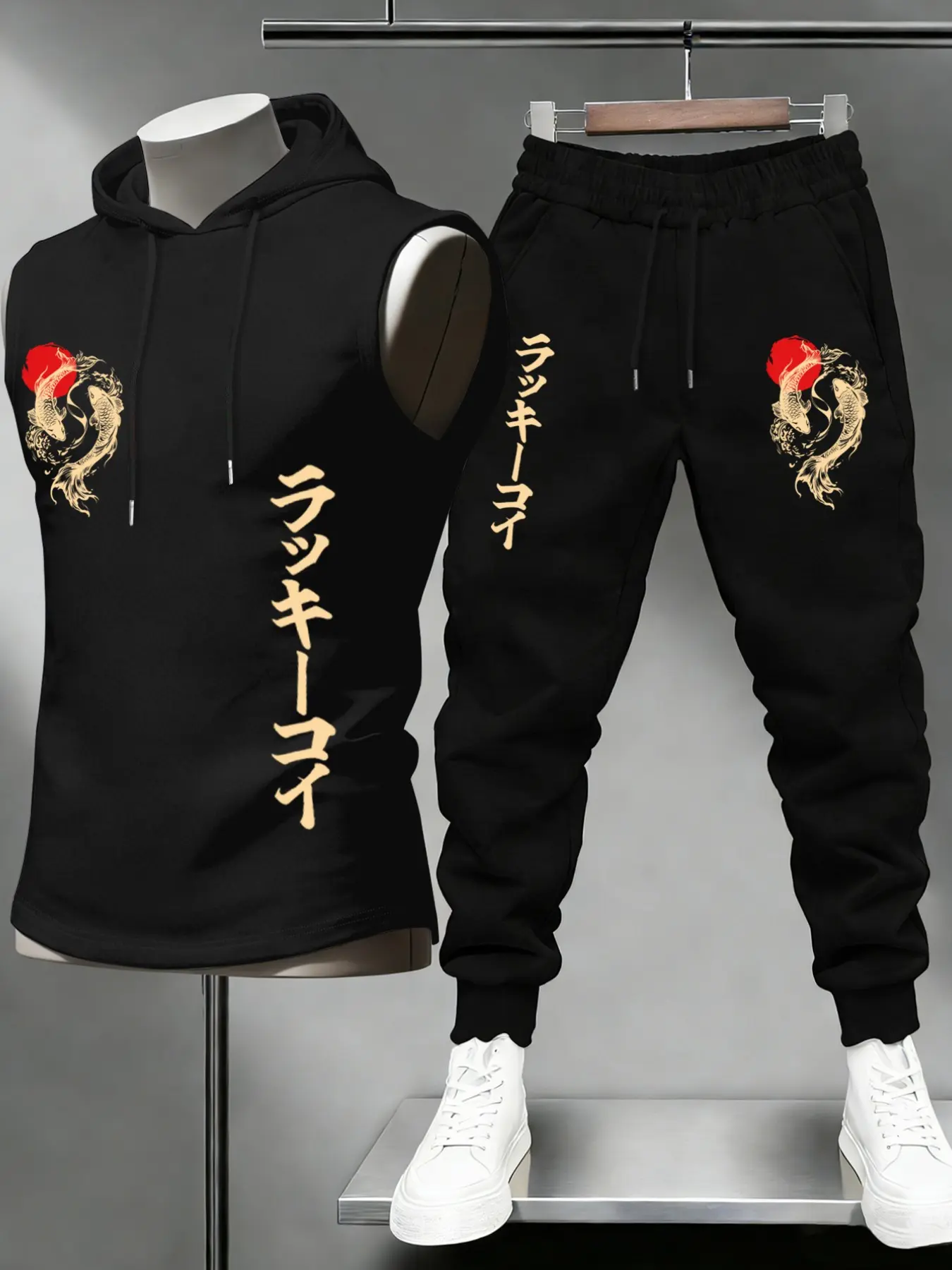 2 Piece Men Drawstring Hooded Sleeveless Tank & Cuffed Jogger Pants Matching Set Japanese Lucky Koi Fish Red Sun Vertical Kanji Text Matching Side Graphic Print Oriental Loose Streetwear Tracksuit For Daily Hip Hop Urban Summer Casual Outfit