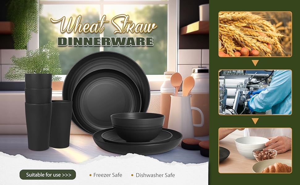 32-Piece Kitchen Plastic Wheat Straw Dinnerware Set, Service for 8, Unbreakable Modern Dish Set - Dinner Plate/Dessert Plate/Cereal Bowl/Cup, for Apartment Essentials, Outdoor Camping,Black