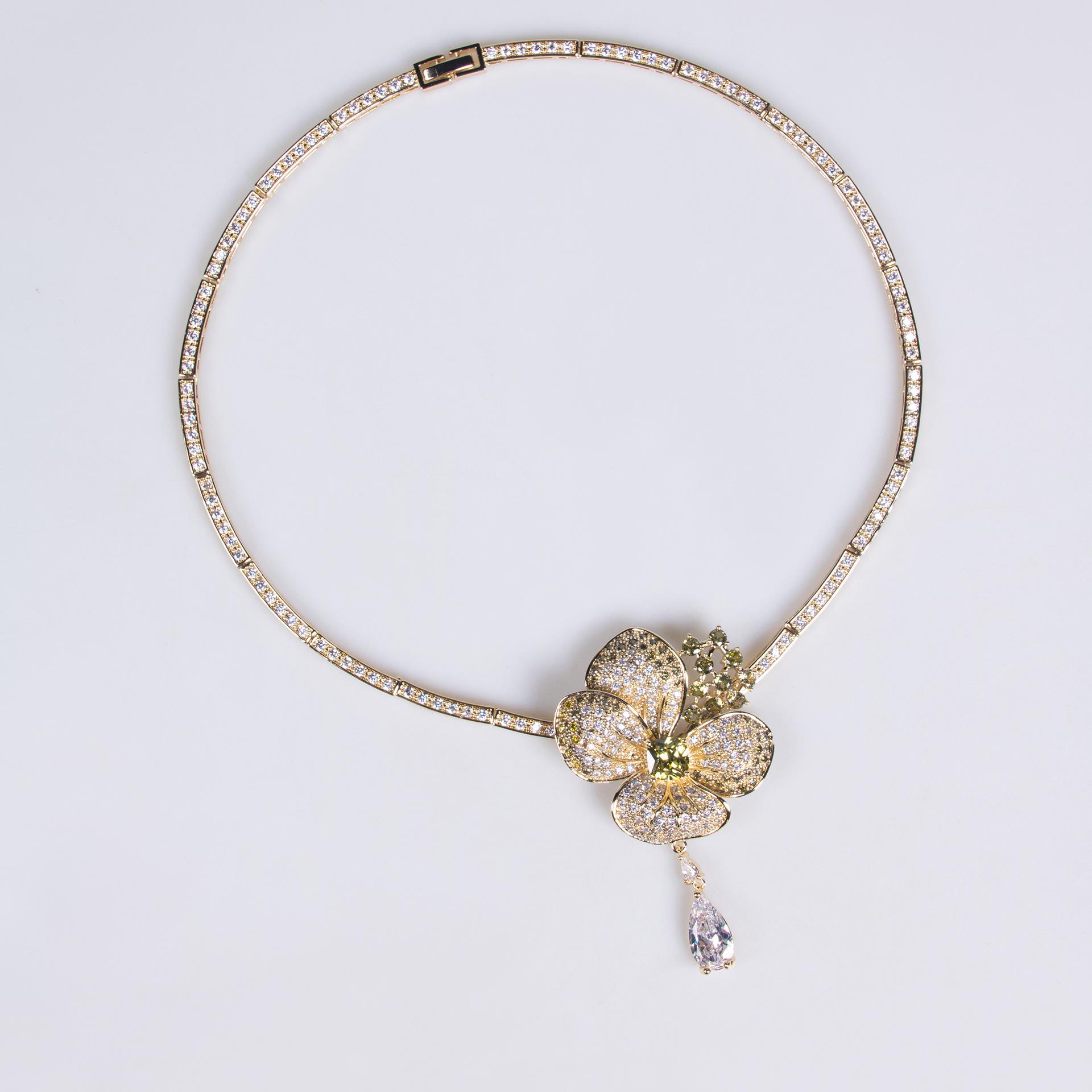 Luxury Floral Zircon Jewelry Set, Bridal Wedding Necklace & Earrings, Statement Bridal Prom Accessory