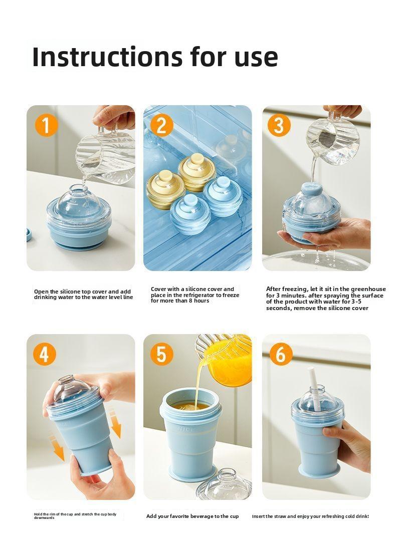 Portable Foldable Ice Ball Cup Silicone Food Grade Ice Maker With Straw Summer Outdoor Travel Mug