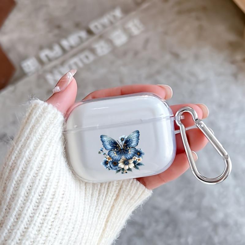 Chic Blue Butterfly Pattern TPU Soft Protective Case for Apple AirPods 4/3/2/1/Pro/Pro2 Transparent Earphone Cover with Keychain Attachment