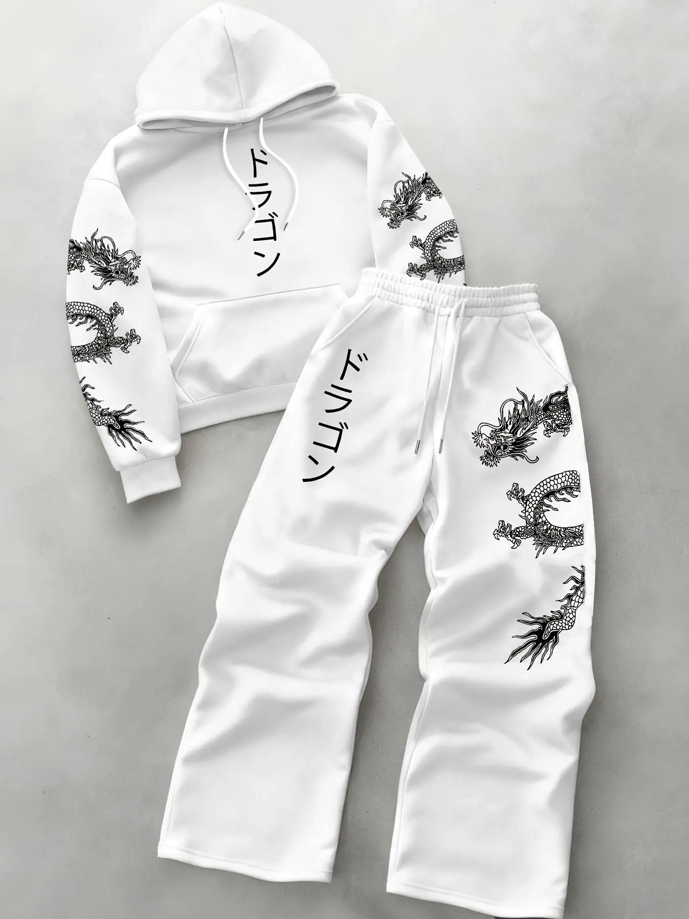 Men's Trendy Versatile Set, Japanese Dragon Graphic Pattern Hoodie + Outdoor Drawstring Pants, Casual All-Season, Loose Fit