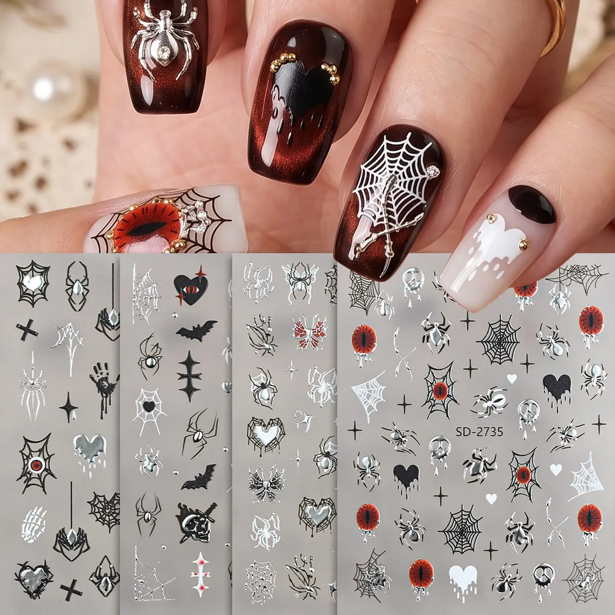 4 Pcs Gothic Halloween 3D Nail Stickers for Nail Art, Liquid Metal Skull Heart Spider Cross Design Nail Decals, Dark DIY Nail Art Decorations, Silver Color