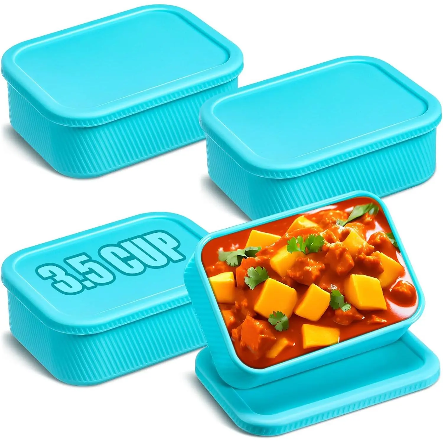 4 count 3.5 Cup  Freezer Trays with Lid Soup Freezer Containers   Molds Rectangle Containers Freezing Ice Trays for Soups Sauces Stews Curries, Lake Blue