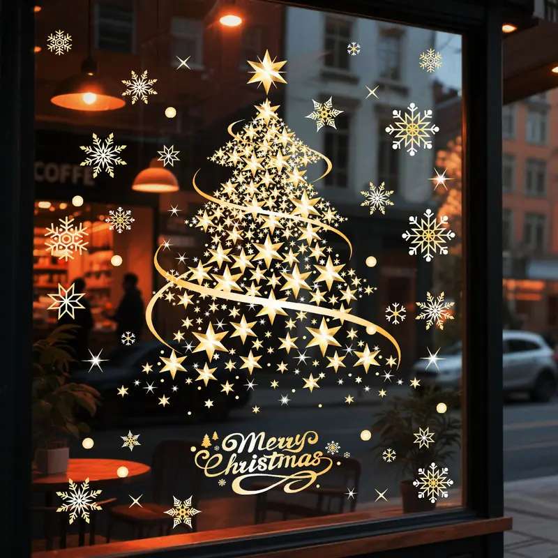 2 Sheets Christmas Stickers, Gold/Silver/Laser Style Christmas Tree & Snowflake Static Window Clings, Glass Decals for Mall Window, Home Christmas Decor and Party Decorations