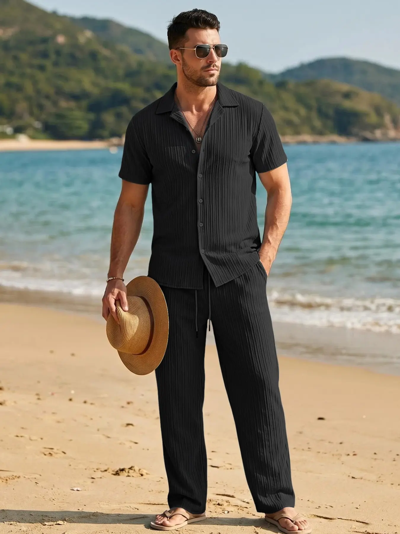 Men's summer Cuban collar short-sleeved shirt paired with drawstring straight-leg pants set, a loose and breathable beach vacation sports outfit, casual daily wear, men's clothing set