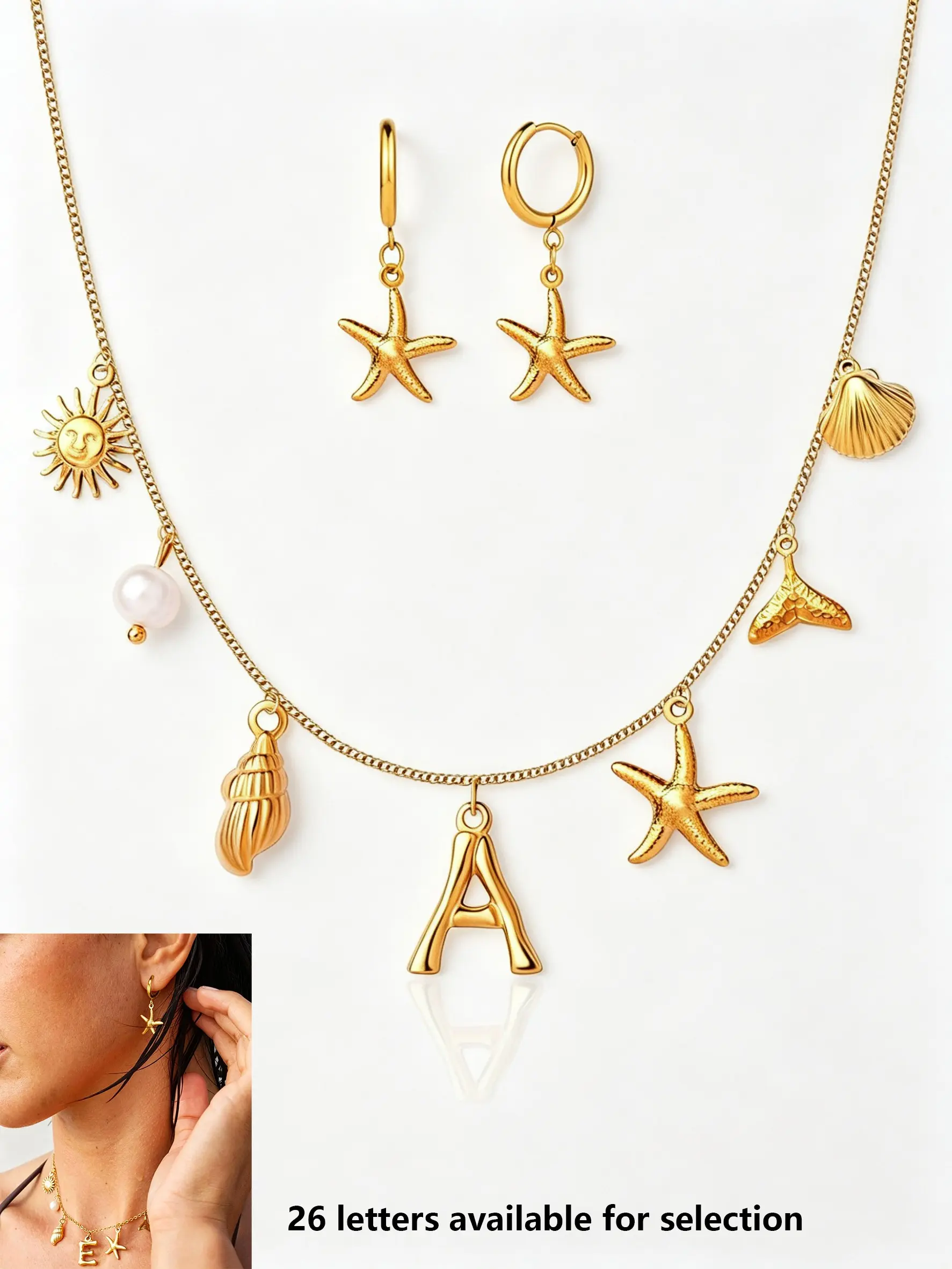 Ocean Themed Necklace And Earring Set, Custom Initial Letter Necklace & Textured Starfish Hoop Earrings, Gold Summer Beach Accessory with Seashell, Mermaid Tail Charms, Adjustable Chain, Lightweight Boho Jewelry for Women, Gift for Her
