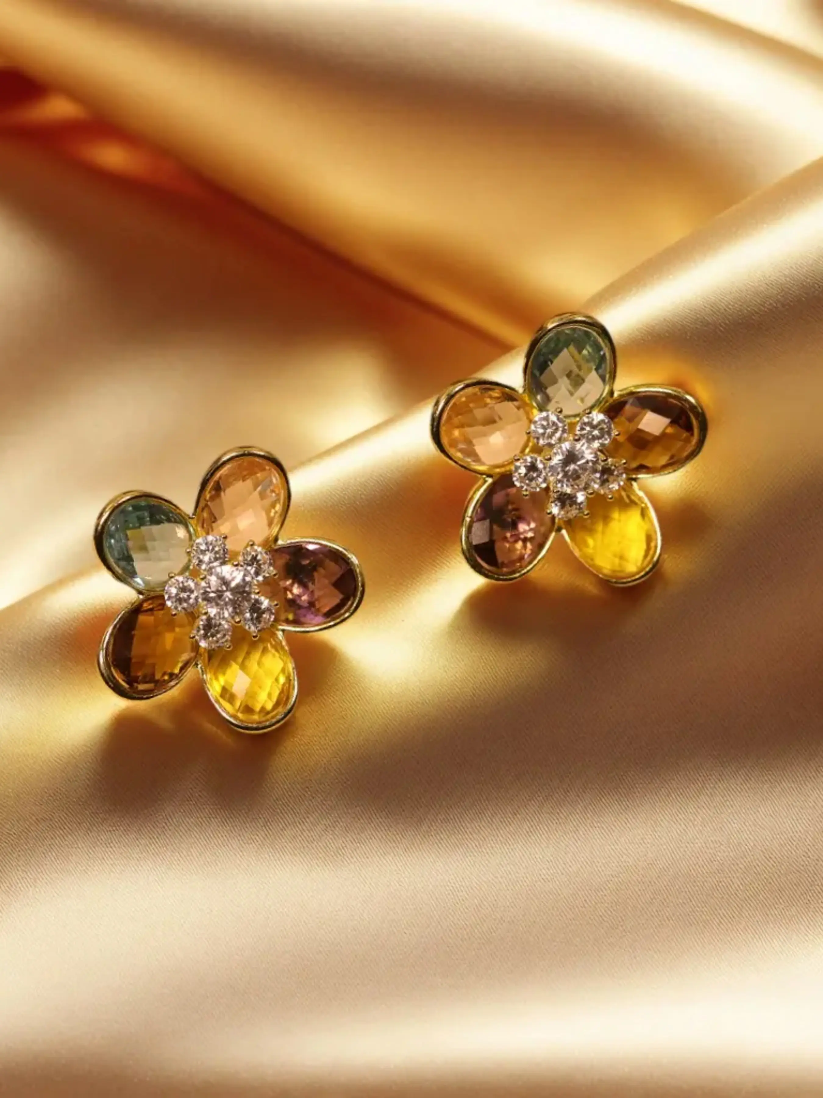 Five Petal Floral Stud Earrings, Mixed Multicolor Faceted Glass Gem & Center Rhinestone Gold Frame Ear Jewelry, No Tarnish Hypoallergenic Spring Accessory, Daily Party Outfit Decor, Ideal Mother's Day Birthday Holiday Gift for Ladies