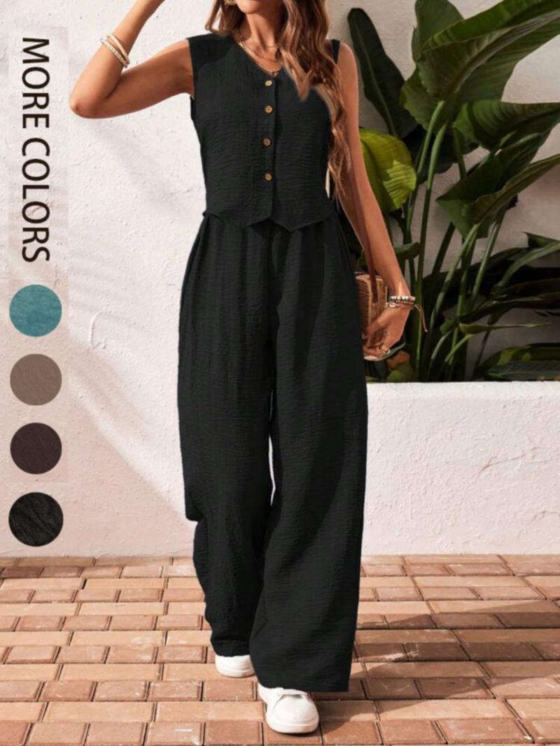 Women's Solid Color Tank Top & Wide Leg Pants Two-piece Set, Casual Sleeveless V Neck Top & Pants for Daily Wear, Ladies Two-piece Outfits for Summer
