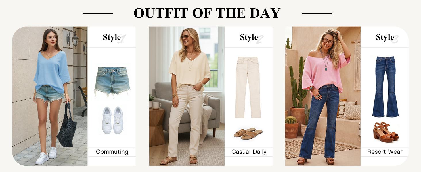 Saodimallsu Womens Oversized Summer Sweater Half Sleeve Batwing V Neck Dolman Sleeve Trendy Casual Knit Tops