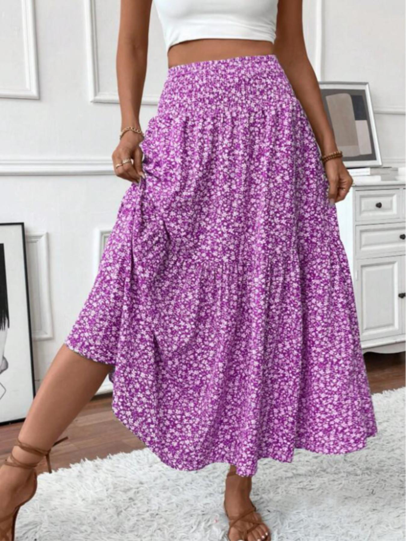 Women's Ditsy Floral Print Elastic, Boho Casual Skirts, Fashion Casual Long Skirt for Daily Holiday Vacation Wear, Ladies Bottoms for Summer