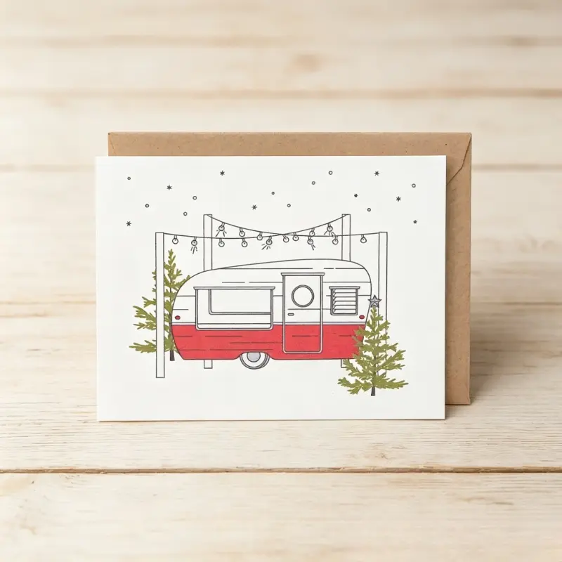 2card+2envelope Camper/ Christmas Camper/ Country/ Camping/ Outdoors/ Winter/ Woods/ Holiday Card/ Holiday/ Blank/ Christmas Card/ Non-Religious