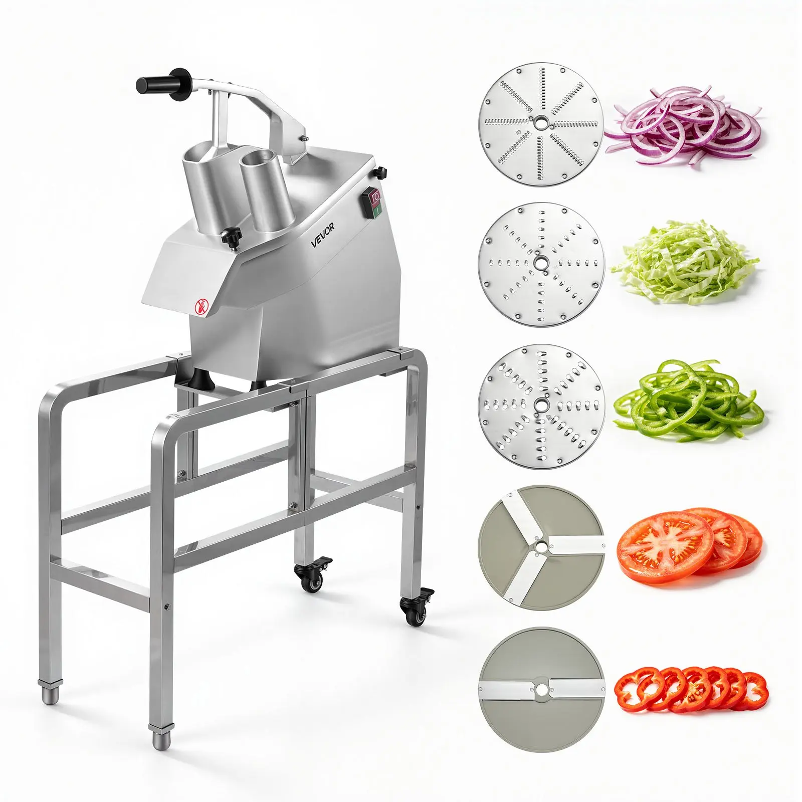 VEVOR Commercial Food Processor 550W Electric Vegetable Cutter with 5 Discs, for Chopping Vegetables Fruit, 2 Feeding Holes, 3 mm/4 mm/7 mm Shreds, 2 mm/4 mm Slices, Potato Slicer, with Floor Stand