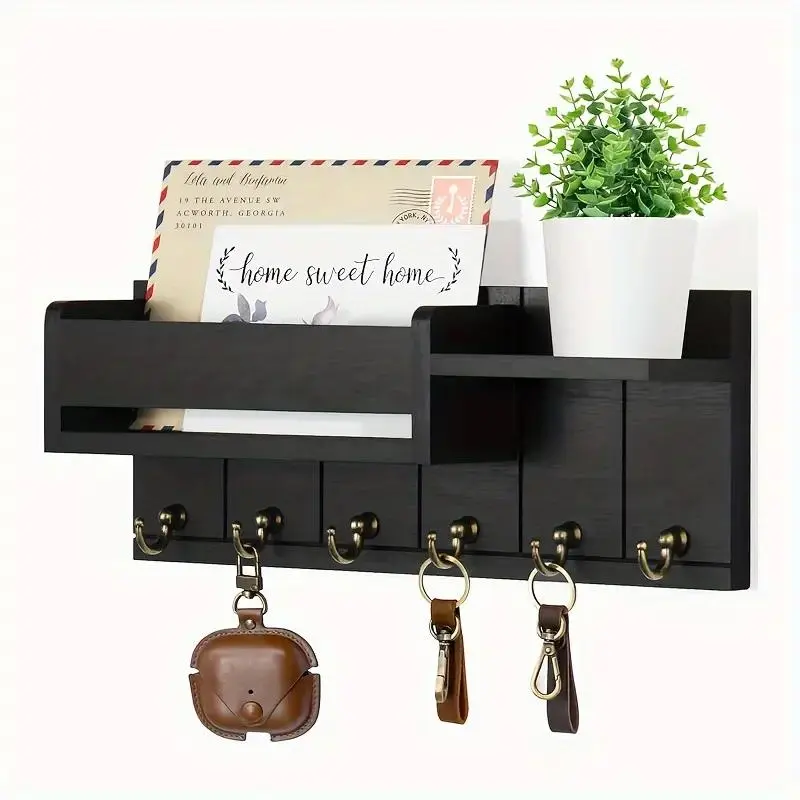 1 Counts Rural style wooden wall keyframe with mail storage and tray - easy to install, suitable for farmhouse decoration in living rooms, kitchens, and corridors - wall hooks for keys and accessories, Wall Mounted Organizer