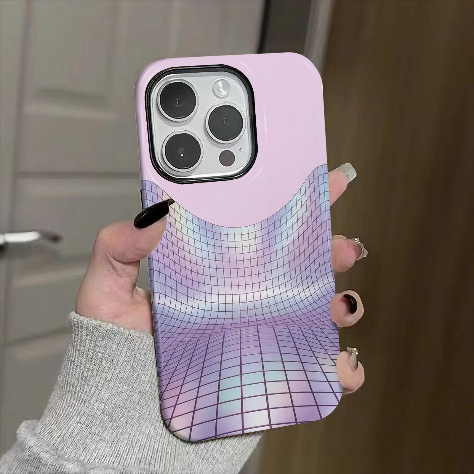 Curved, grid, holographic Soft And Hard Two-In-One Film Printed Full Pattern Case For IPhone 16 15 14 13 1211 Pro Max Plus Phone Case